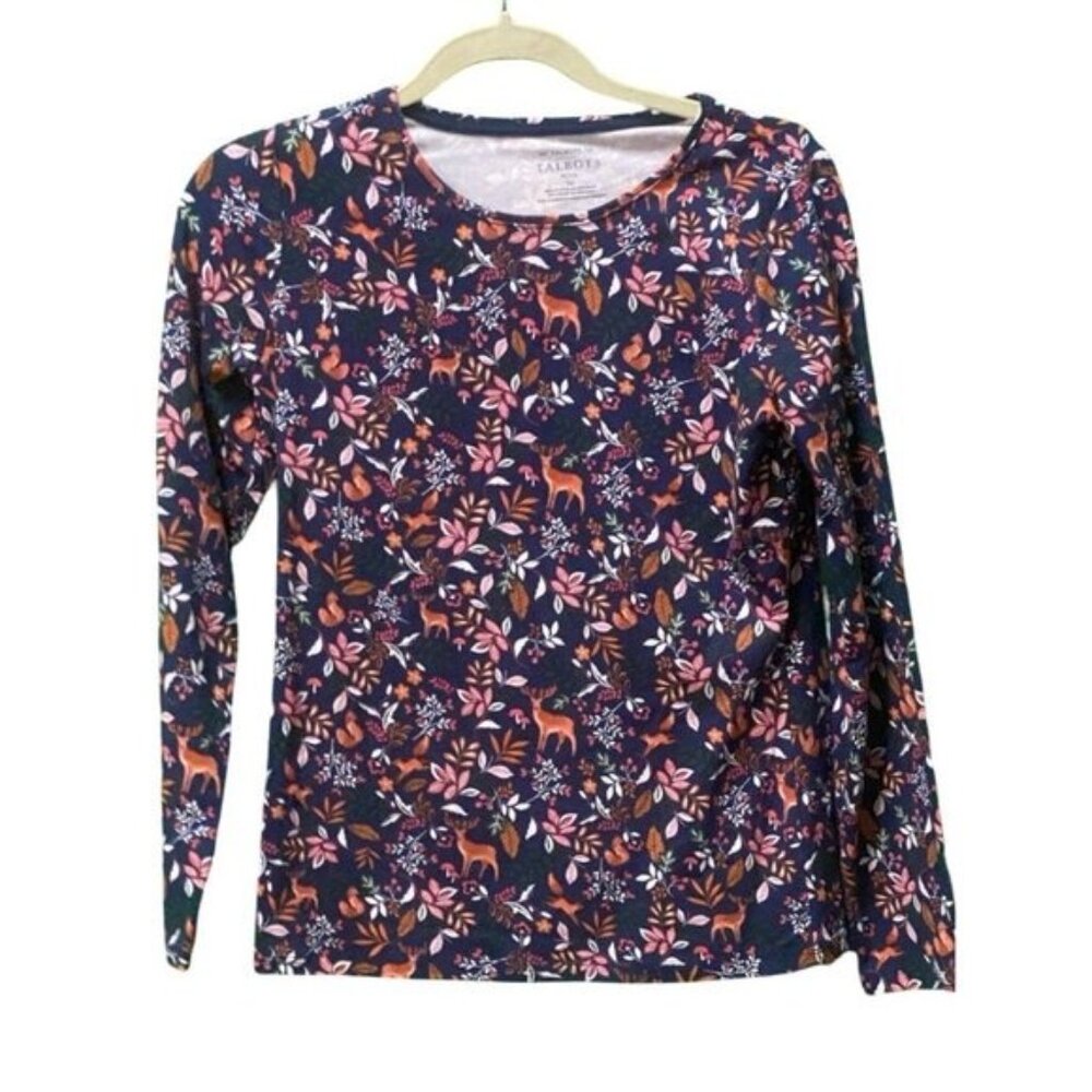 The Talbots Tee - Long Sleeve Crew Neck Woodland Print Cotton Blend Tee Size PS - Picture 3 of 4